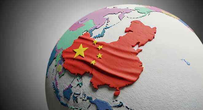 The Great Wall of China and the Chinese Flag Dominating a Globe, Symbolizing Global Influence