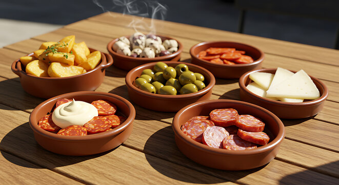 Spanish Tapas Assortment: Rustic Clay Bowls, Outdoor Setting