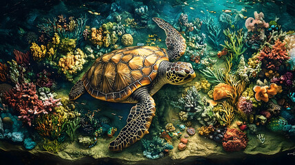 Sea turtle surrounded by vibrant coral reef.
