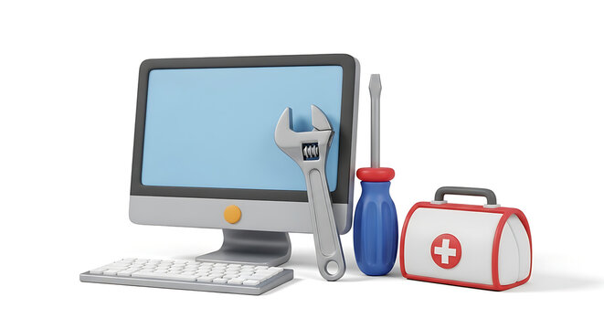 Desktop computer with a wrench, screwdriver, and first aid kit, symbolizing computer repair, IT support, technical assistance, and system maintenance for hardware and software.
- Powered by Adobe