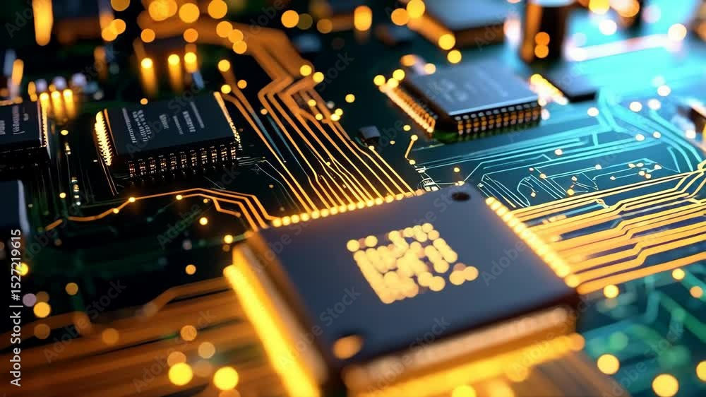 Aufkleber close-up of microchip cpu with glowing connections and circuits, illustrating information technology