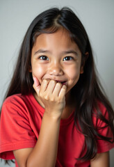 Young girl caught in a fit of giggles, her shoulders shake as she brings a hand up to cover her mouth