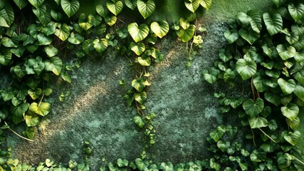 Lush green ivy climbing a weathered stone wall, sunlight dappling the surface