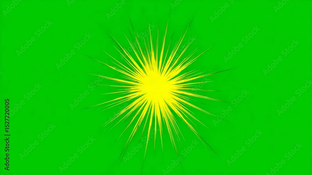 Poster vibrant green background with dynamic yellow rays and starburst design for creative projects