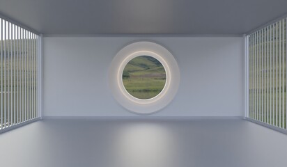 Room with natural background, through a circular glass, square room, beautiful view, 3D illustration