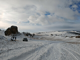 Tazhenranskaya steppe in winter on west coast of Lake Baikal, Siberia