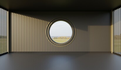 Room with natural background, through a circular glass, square room, beautiful view, 3D illustration