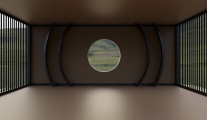 Room with natural background, through a circular glass, square room, beautiful view, 3D illustration