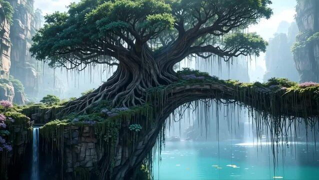 Massive tree growing across natural root bridge over turquoise water in mystical canyon surrounded by cliffs and waterfalls. Fantasy and nature concept
