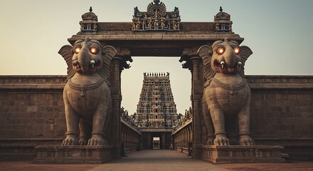 A stylized Yali, a mythical lion elephant creature, guarding a temple gate, intricately carved body and glowing eyes, traditional South Indian architecture in the background, 