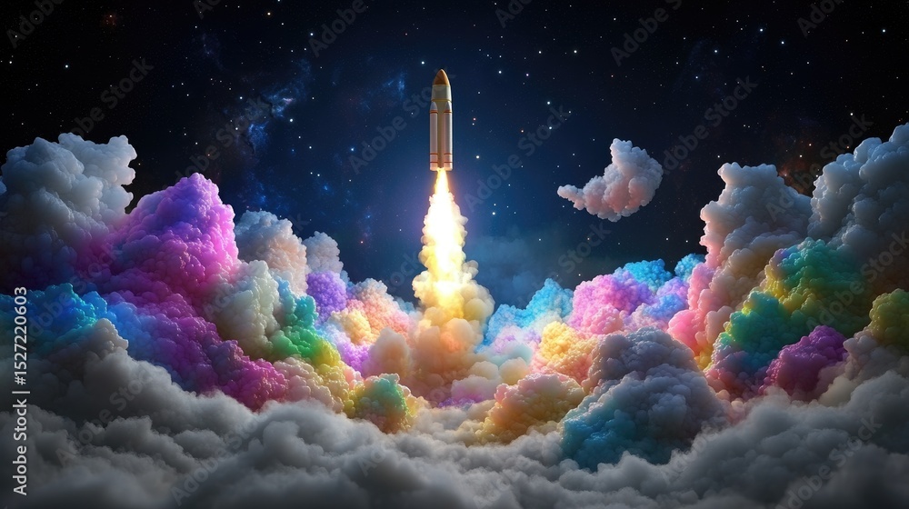 Poster rocket launch against a celestial backdrop, clouds curl below in a wave of illuminated pastel swirls