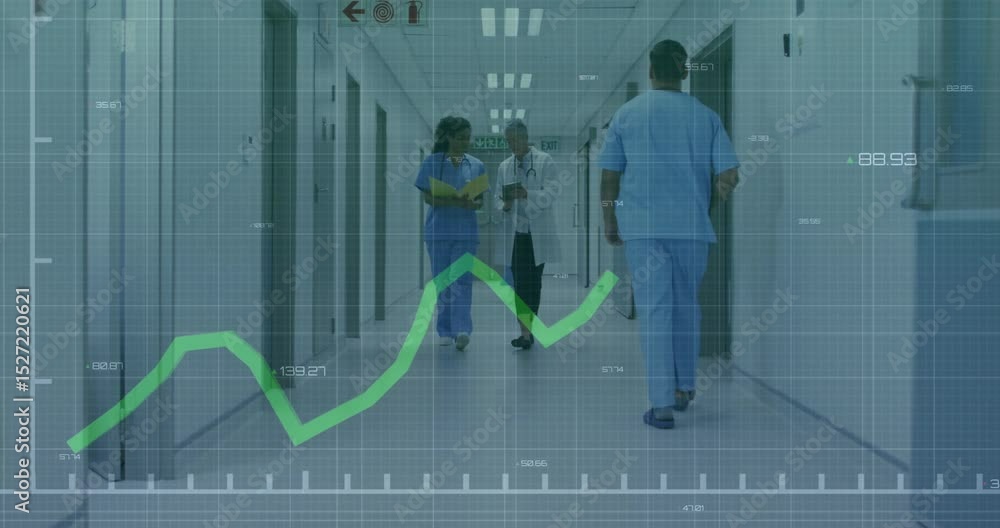 Poster medical staff entering corridor with folder and tablet showing rising graph discussing patient data