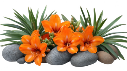 Orange Flowers and Green Leaves with Grey Rocks Against a PNG transparent Background