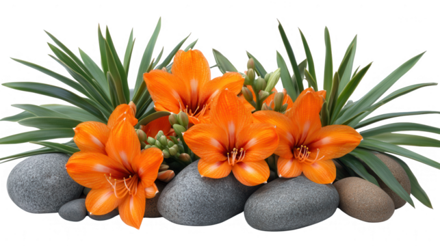 Orange Flowers and Green Leaves with Grey Rocks Against a PNG transparent Background
