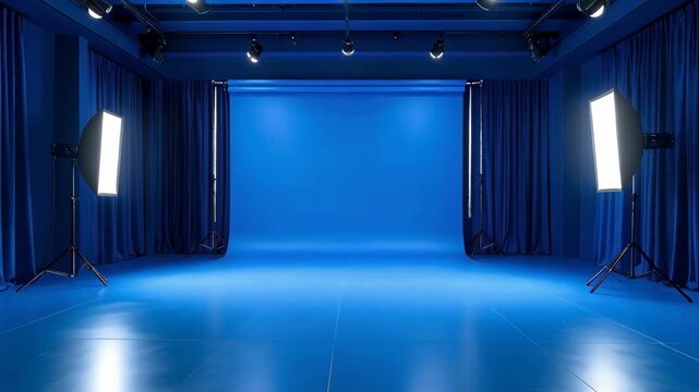 Modern studio backdrop with blue walls, backdrop paper and softbox lights for film and photography production space