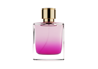 Square perfume bottle with pink gradient and gold cap shown on transparent background