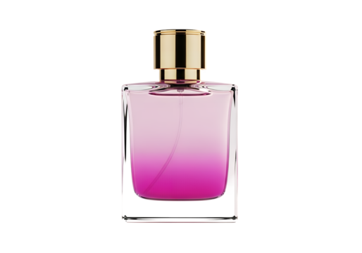 Square perfume bottle with pink gradient and gold cap shown on transparent background