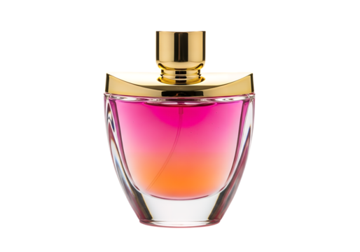 Perfume bottle with pink and orange liquid and gold accents on transparent background - Powered by Adobe
