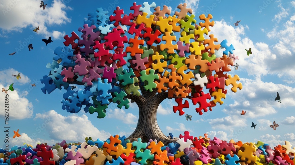Poster Multicolored puzzle parts come together to build a symbolic tree of connection and imagination