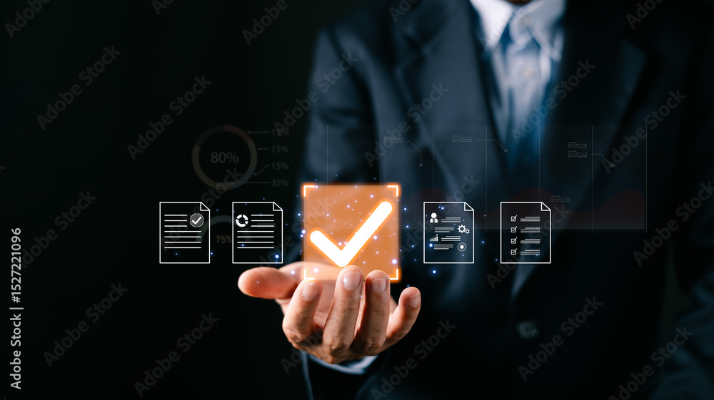 Poster a businessman professional holds a glowing digital certificate document icons, a large checkmark sym