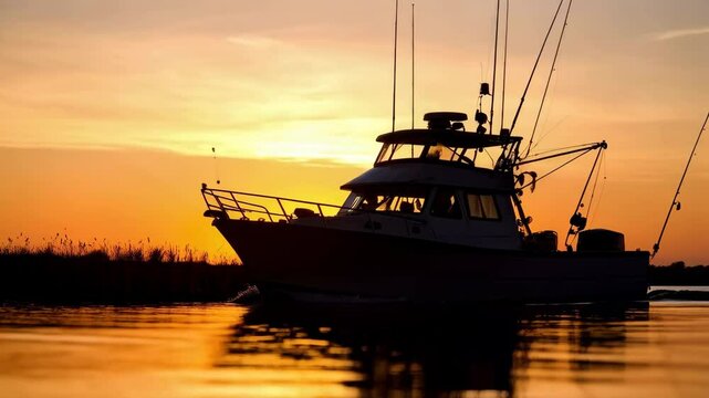Silhouette of recreational fishing boat cruising on calm waters with vibrant orange sunset lighting up the sky and reflecting on the water.