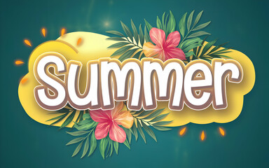 Obraz premium Summer Text with Tropical Floral Pattern and Palm Leaves on Teal Background