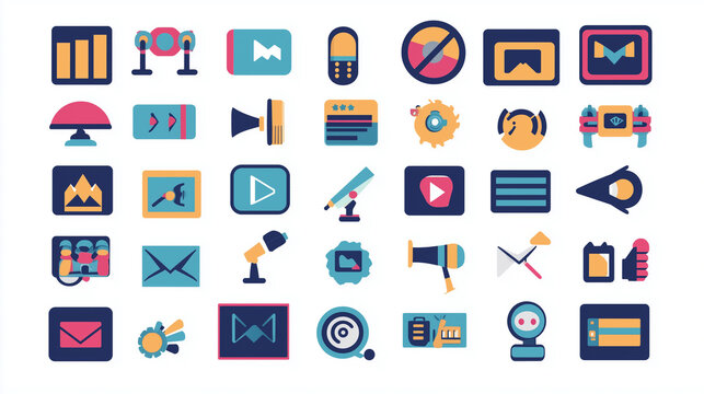 Solid vector icon collection for traditional and modern advertising methods, featuring symbols like posters, megaphone, digital screens, branding elements, banners, and promotion tools