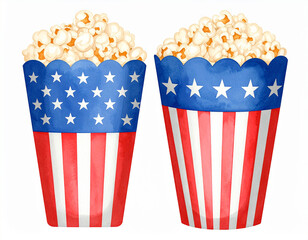 Popcorn Delight: A mouthwatering depiction of two popcorn tubs adorned with patriotic American designs, brimming with freshly popped, fluffy popcorn, a delightful visual feast.