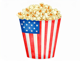 Obraz premium Popcorn in Patriotic Cup: A vibrant, illustrative depiction of fluffy popcorn overflowing from a patriotic cup adorned with the stars and stripes.