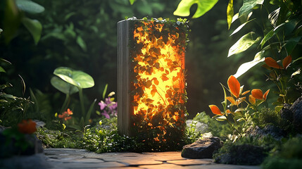 Illuminated pillar nestled amidst lush greenery.