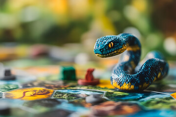 A vibrant blue and yellow snake figurine rests on a colorful  board.