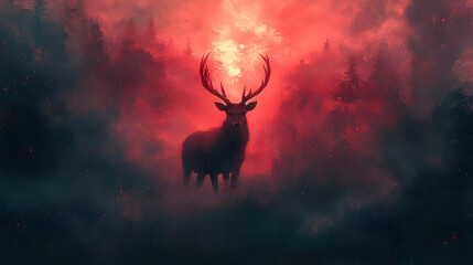 Silhouetted deer in a crimson forest.