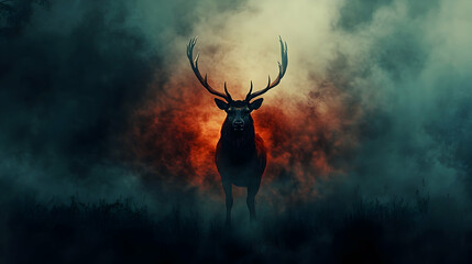 Silhouette of a stag in a dramatic, misty forest scene.