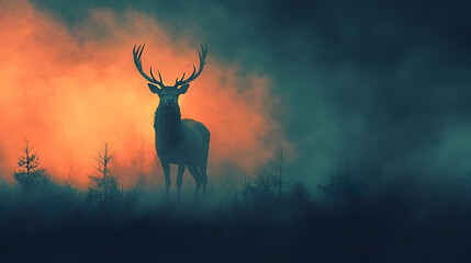 Majestic deer silhouetted against a dramatic sunrise and fog.