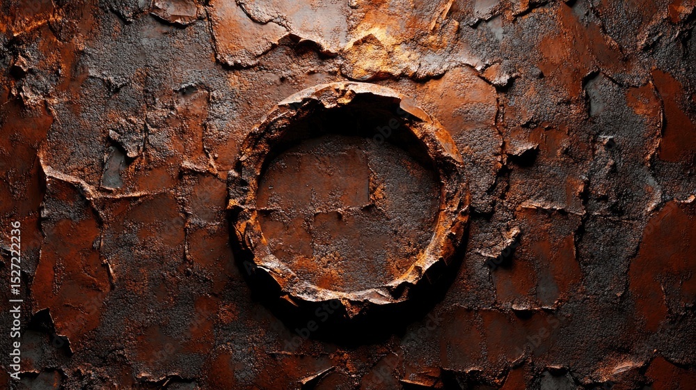 Poster high contrast rusty texture with circular ring in center, pitted and aged surface