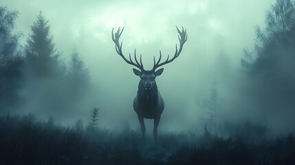 Majestic stag in a misty forest.