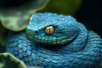 Close-up of a vibrant blue venomous snake.
