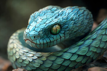 Close-up view of a vibrant turquoise snake.
