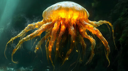 Illuminated jellyfish in deep water.