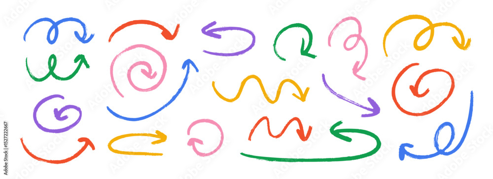 Poster hand drawn crayon wavy arrow collection. color curved, wiggle and squiggle doodled arrows set. charc