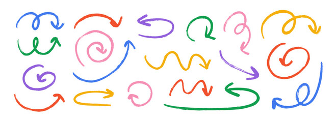 Hand drawn crayon wavy arrow collection. Color curved, wiggle and squiggle doodled arrows set. Charcoal sketch pointer and direction lines. Vector pastel pencil, chalk or marker brush stroke elements
