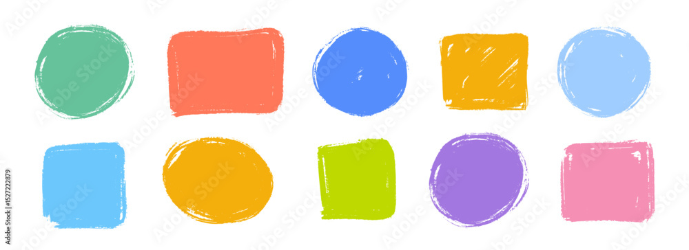 Aufkleber Colorful square and circle crayon text box set. Bright hand drawn sticker shape collection. Rough edge geometric patch pack. Playful doodled borders and frames. Vector childish scribbled elements