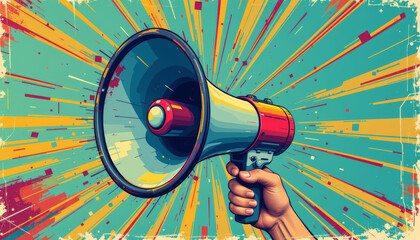 Colorful megaphone illustration with dynamic background, perfect for announcements and promotions, conveying excitement