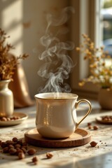 Fototapeta premium Steaming Coffee Cup by Window