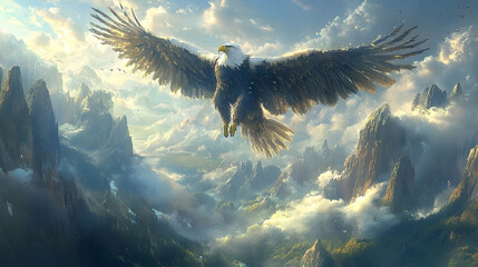 Majestic eagle soars above a mountainous landscape.