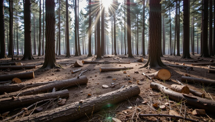 Serene forest scene with sunlight streaming through tall trees, illuminating forest floor covered with cut logs and branches