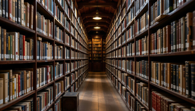 Vast library filled with endless rows of books creates serene and scholarly atmosphere, inviting exploration and discovery