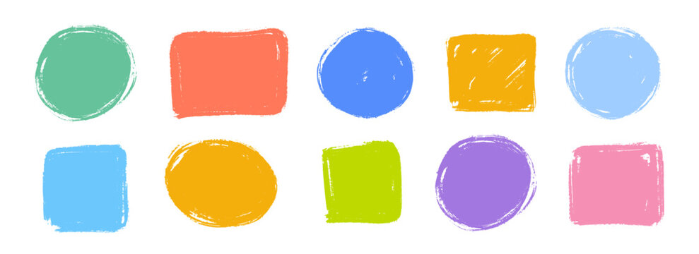 Colorful square and circle crayon text box set. Bright hand drawn sticker shape collection. Rough edge geometric patch pack. Playful doodled borders and frames. Vector childish scribbled elements