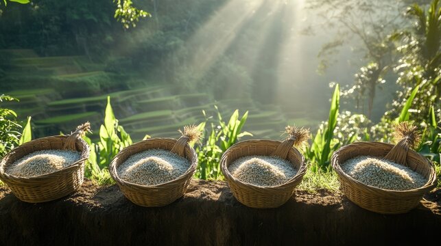 Golden light streaming over rice terraces at dawn, with handwoven baskets filled with rice