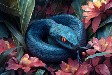 A vibrant snake coiled among exotic flowers.